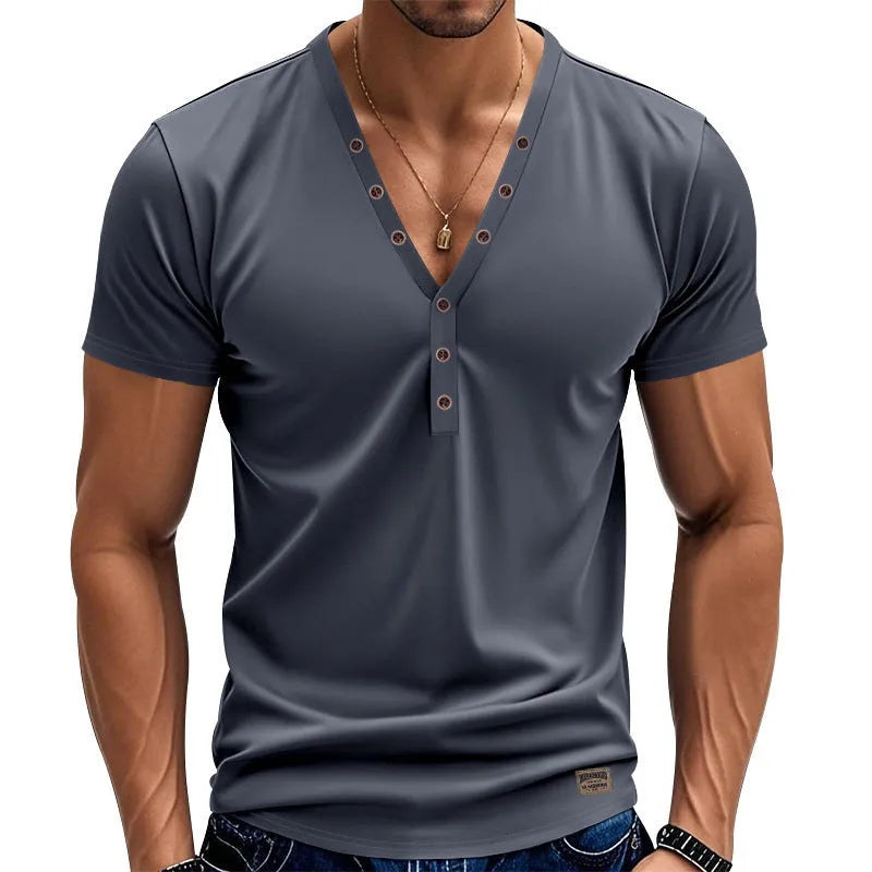 Men's loose fit V-neck t-shirt with button detail in light blue colour.