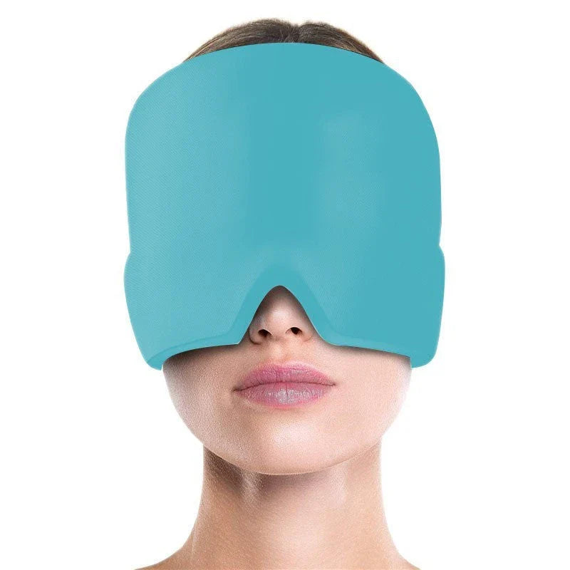 Soothing ice gel eye mask for headache relief, featuring a cooling gel pack and premium elastic cloth for a comfortable fit