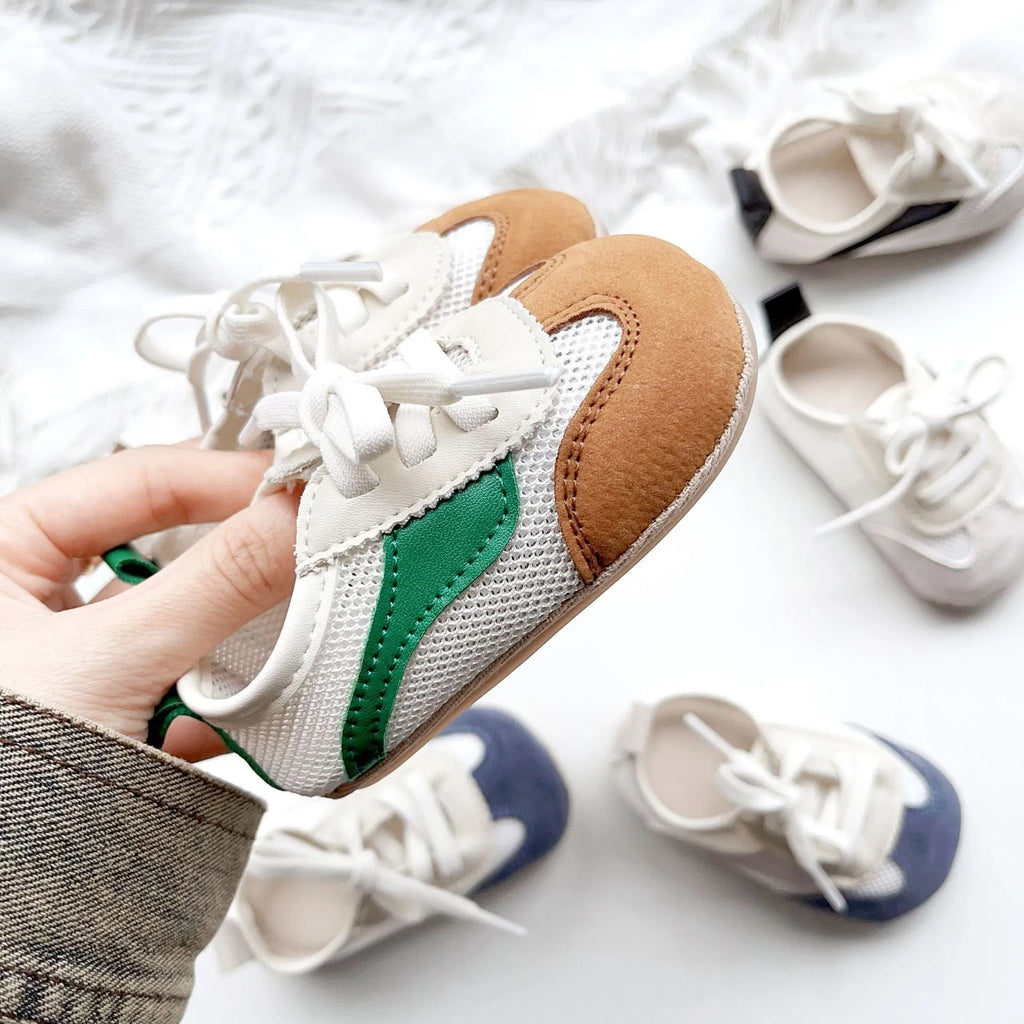Hollow mesh toddler shoes with rubber sole in black, green, blue, brown options