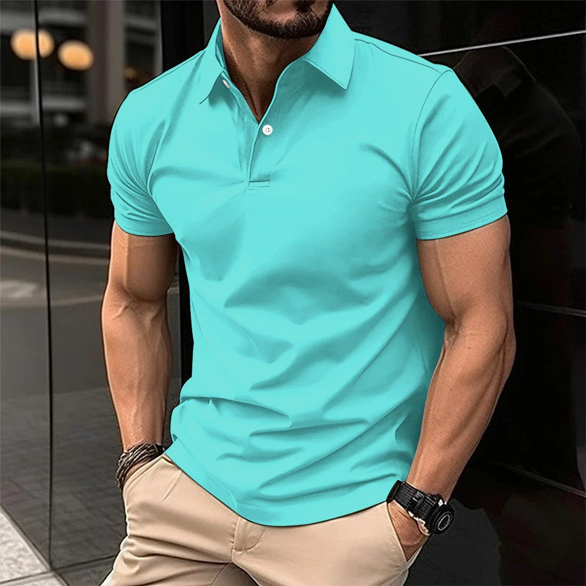 Men's short sleeve polo shirt in various solid color options, featuring a button-down collar and comfortable cotton-blend fabric