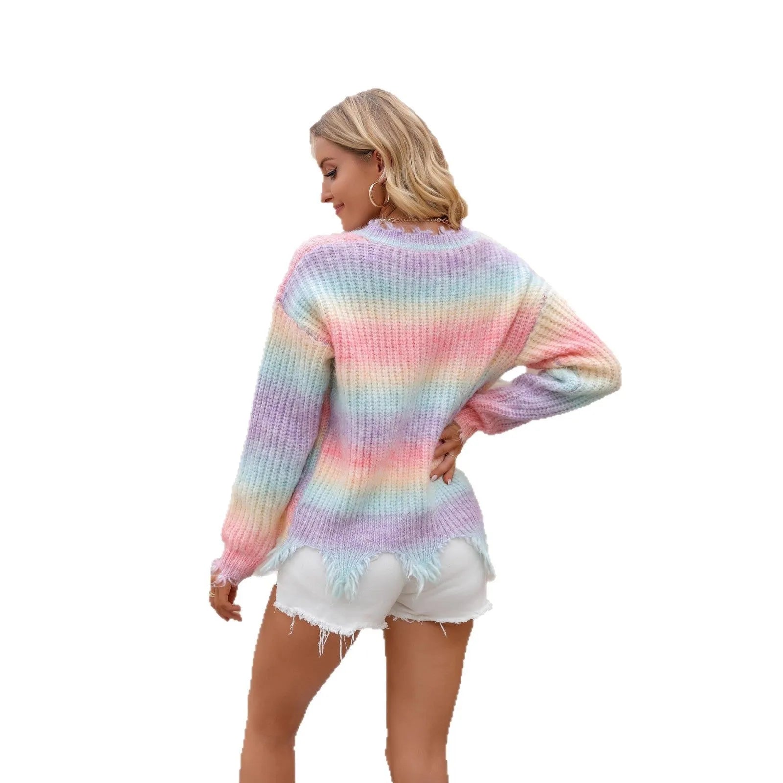 Pink rainbow gradient knitted pullover sweater with loose fit and tassel detailing in plus sizes