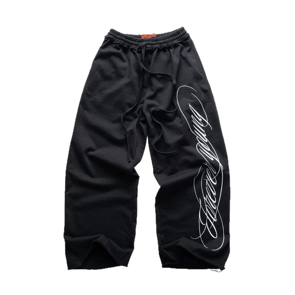 Design printing men's smart trousers in polyester, loose fit, mid waist, black colour, casual Japanese Korean style