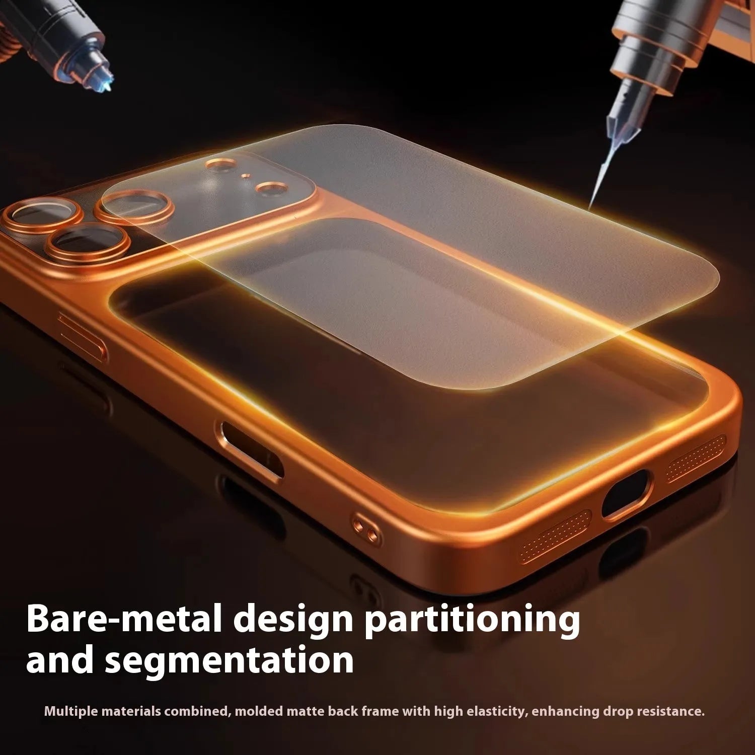 Frosted electroplated iPhone 17 phone case in Desert Gold colour showing all-inclusive design.