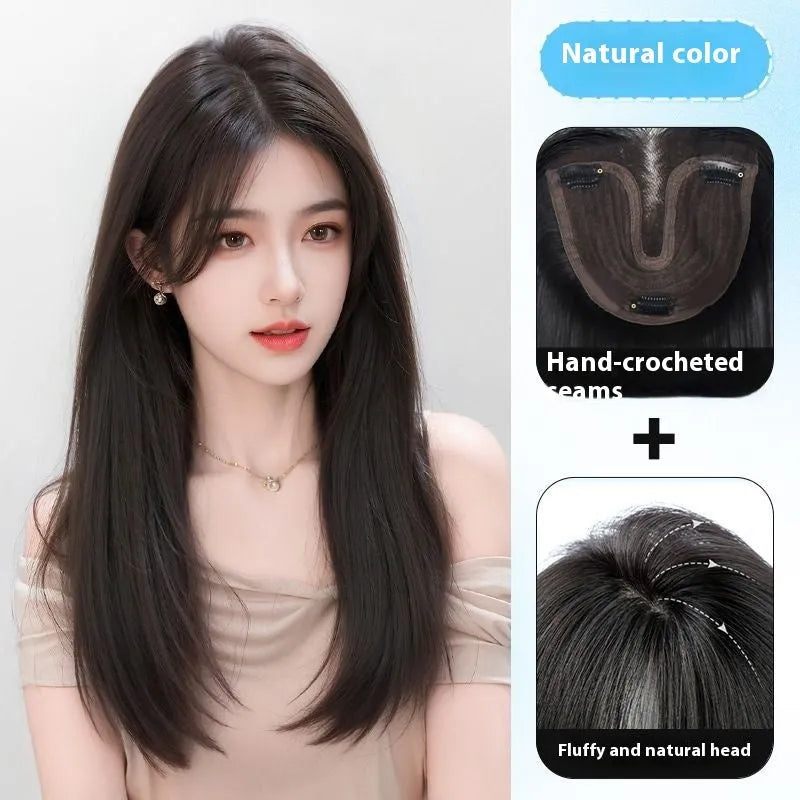 Brown black full-head wig with Chinese character bangs made from high temperature fibre
