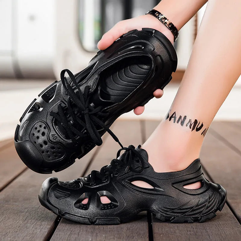 Men's black lace-up outdoor sports sandals with EVA sole on a white background.