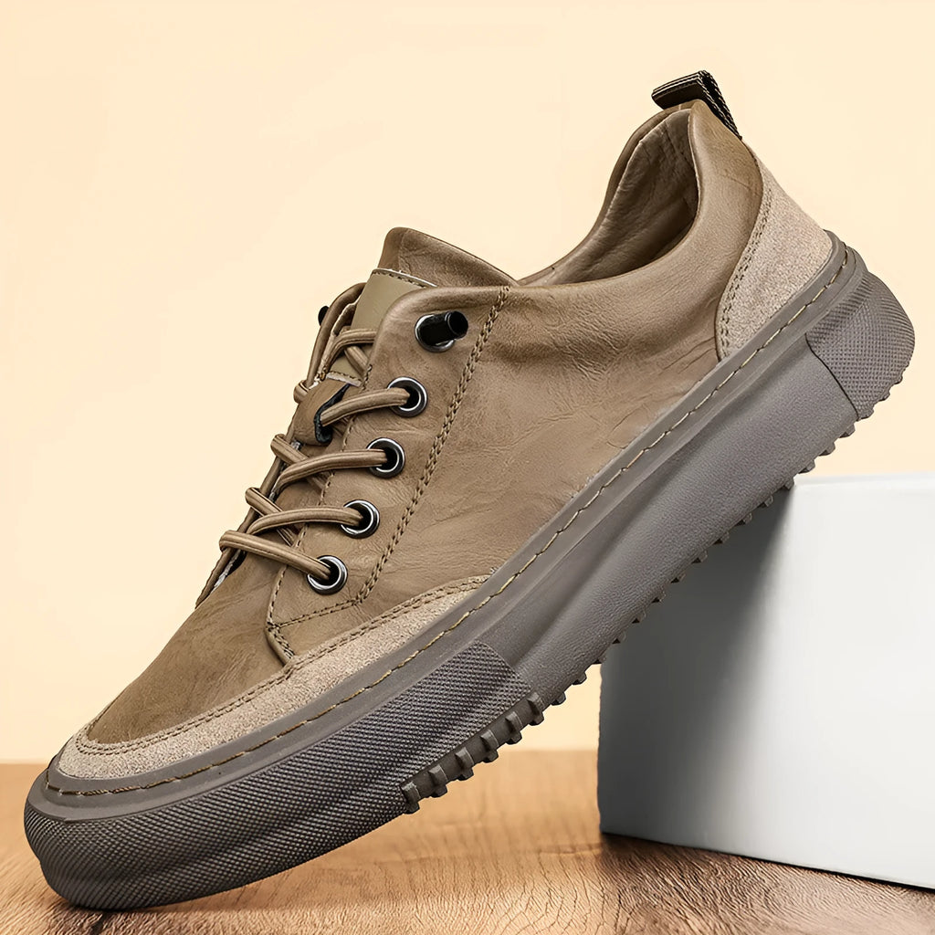 Men's black round toe lace-up casual shoes with a microfiber upper and flat rubber sole.