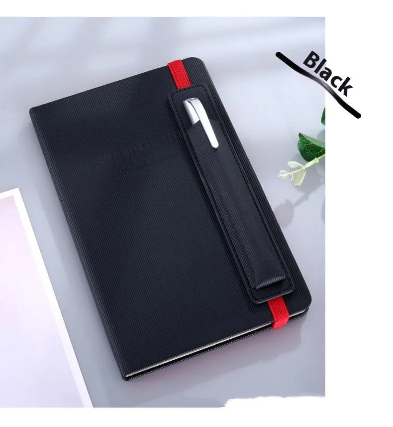 A5 faux leather notebook in blue with strap and pen insert, 200 pages, lying flat