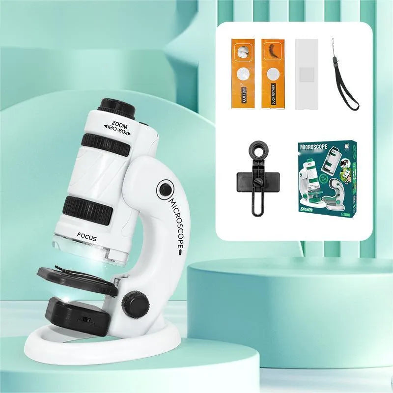 Portable microscope upgrade set with specimen slides in white and green plastic casing