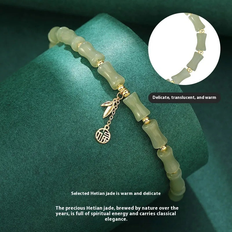Chinese style bamboo joint jade bracelet and necklace set with safety knot