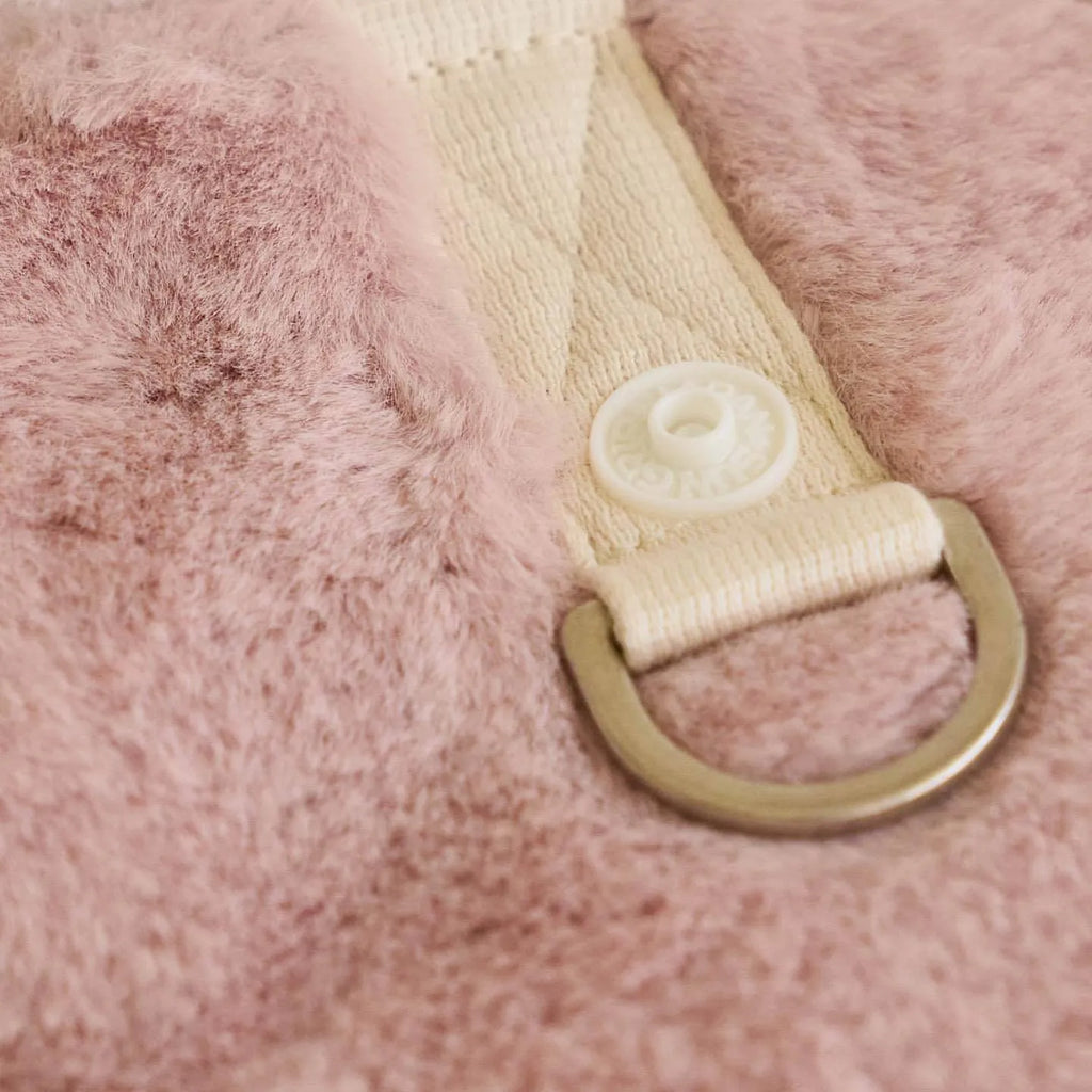 Light pink polyester dog coat shown on canine model, casual style with basic coverage design