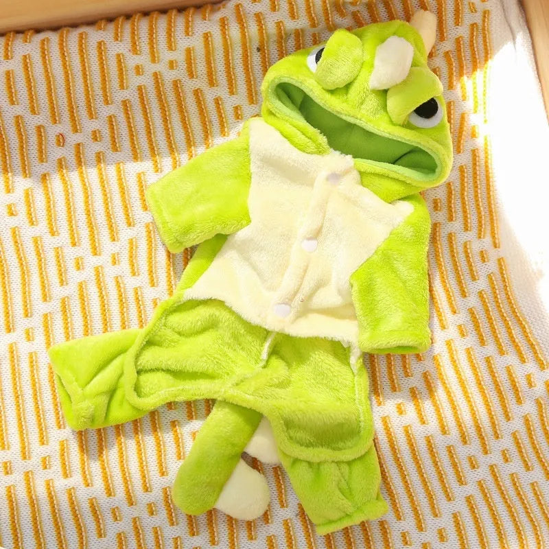 Green fleece dinosaur costume for small dogs with four legs, white chameleon back, and cartoon eyes
