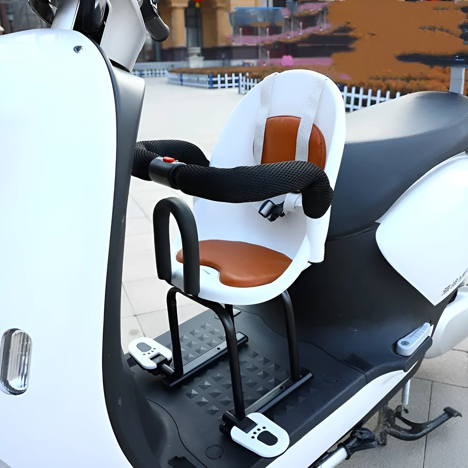 High carbon steel front-mounted child seat for battery scooter in black, red, or white.