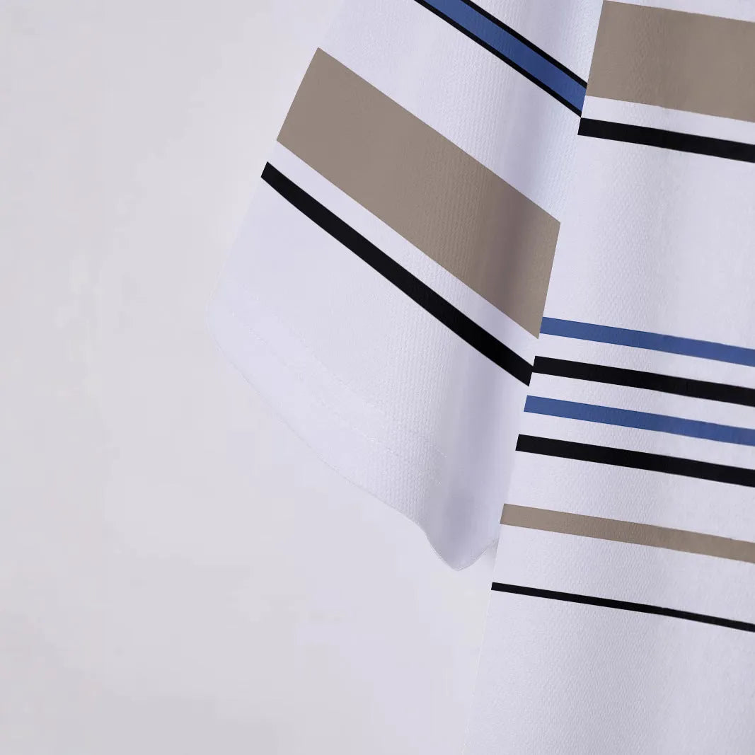 Men's white striped polyester short sleeve t-shirt for summer business casual wear