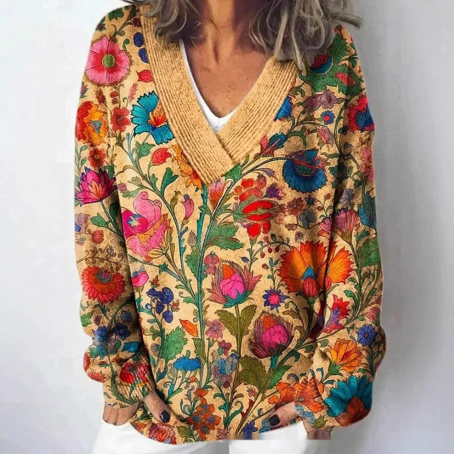 Women's V-neck sweatshirt with a printed 3D floral pattern in an art retro style.