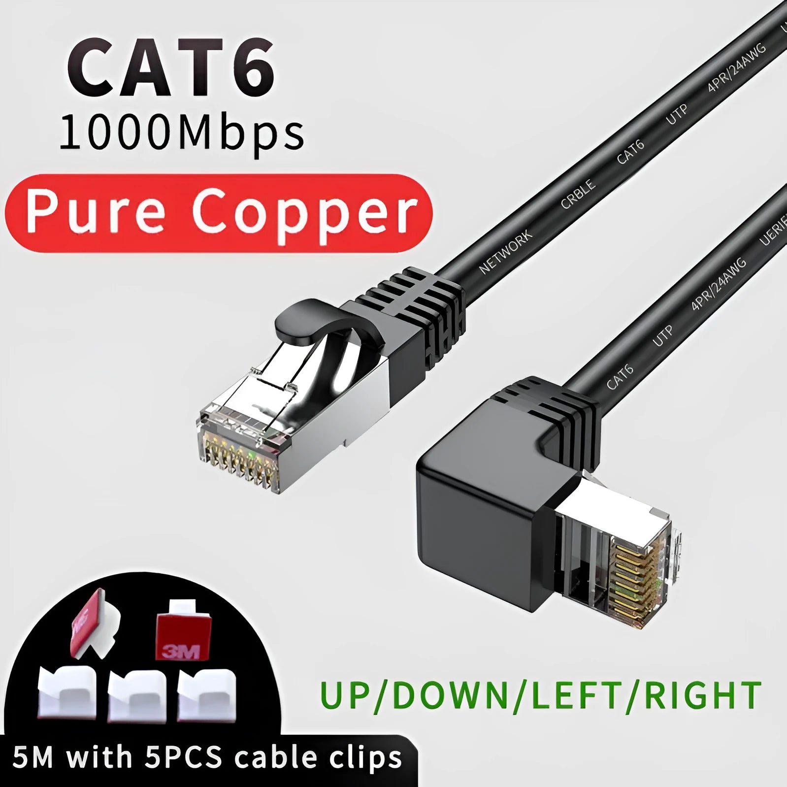 Cat6 Ethernet cable with a right-angle black RJ45 connector, shown in a selection of different colour variants.