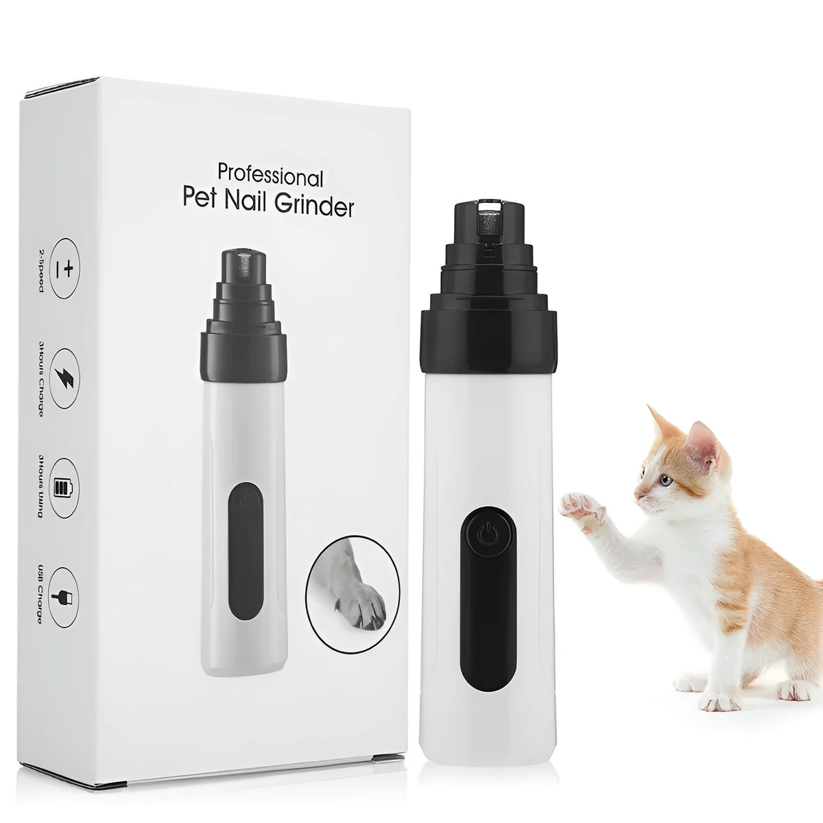 White Second Gear Pet Nail Sharpener with 150 mesh emery head, ABS body, 13.93cm long, for dog nail trimming.