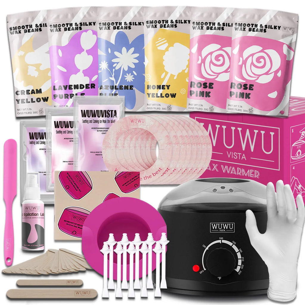 WUWUVISTA professional waxing kit with 200cc smart warmer, six wax formulas, aftercare system and applicators