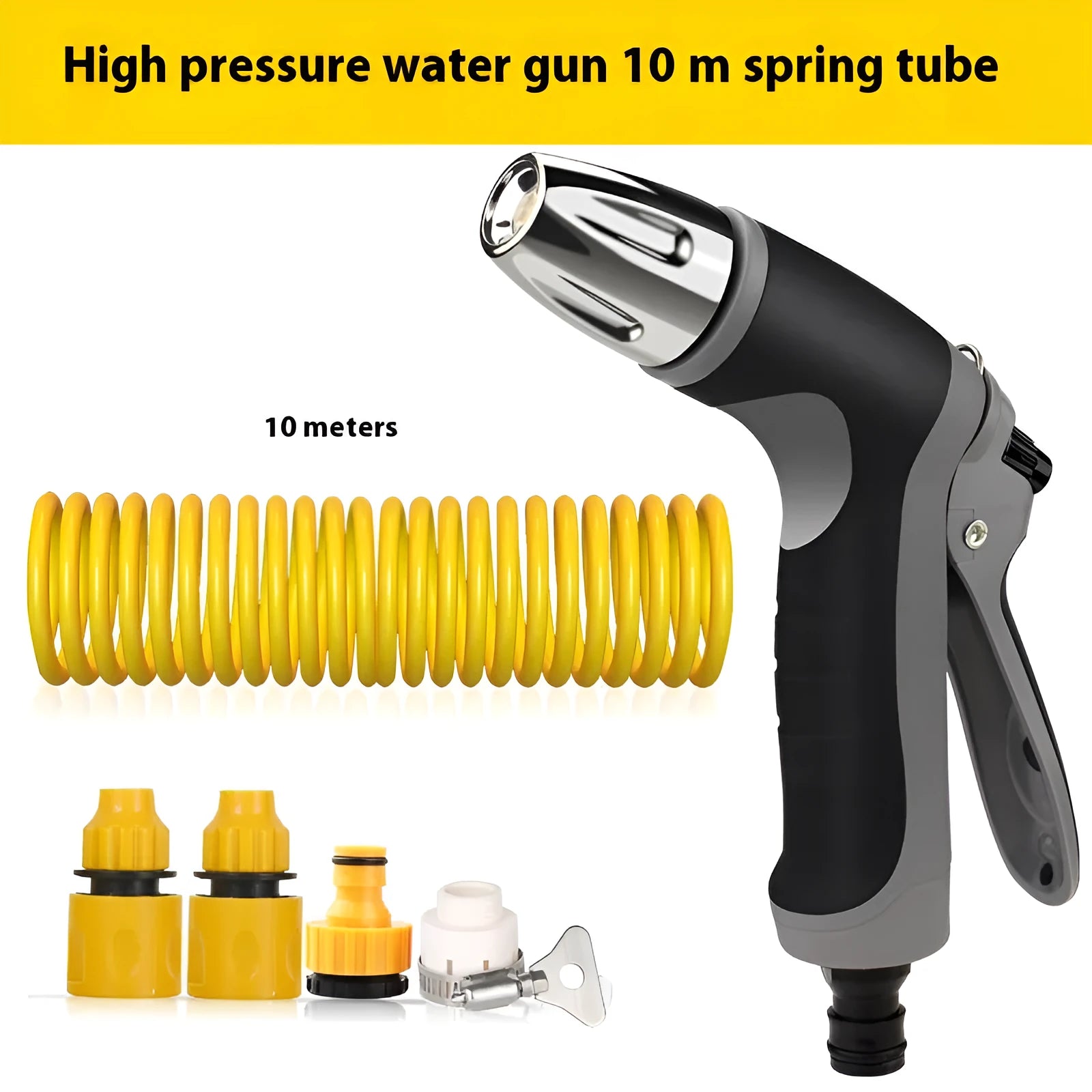 Tap water hose tool with T8 gun and 10 metre spring tube for car wash and garden