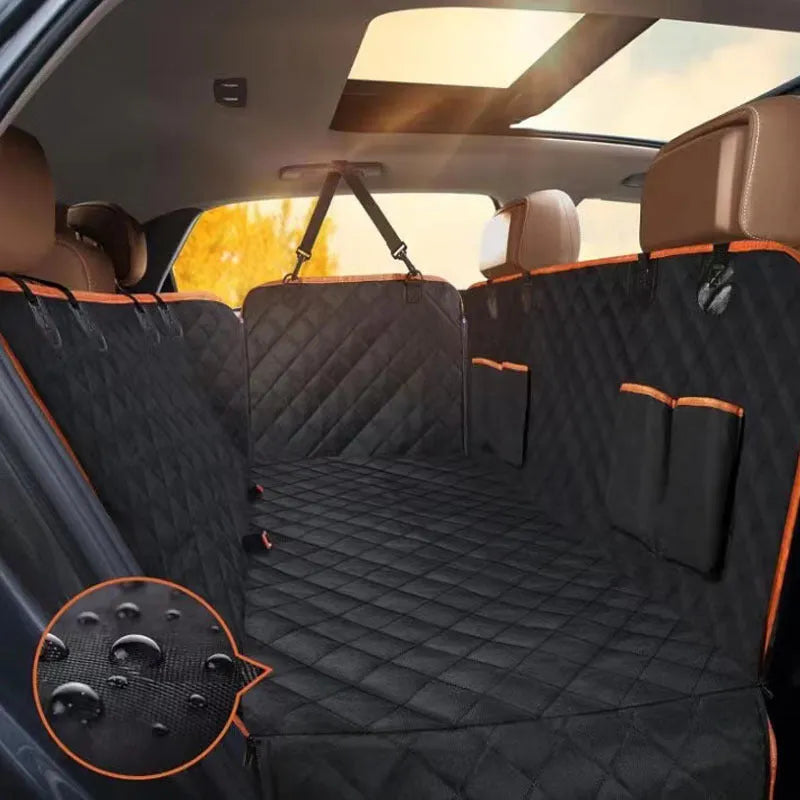 Oxford cloth car pet mat in orange edge double pocket design placed on rear seat