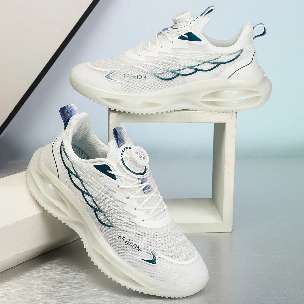 Casual running shoes with breathable PU mesh upper in sky blue, black gold, or white colours with rubber sole