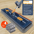 Large flat mop with stainless steel long handle and blue cloth showing 360-degree rotating head mechanism