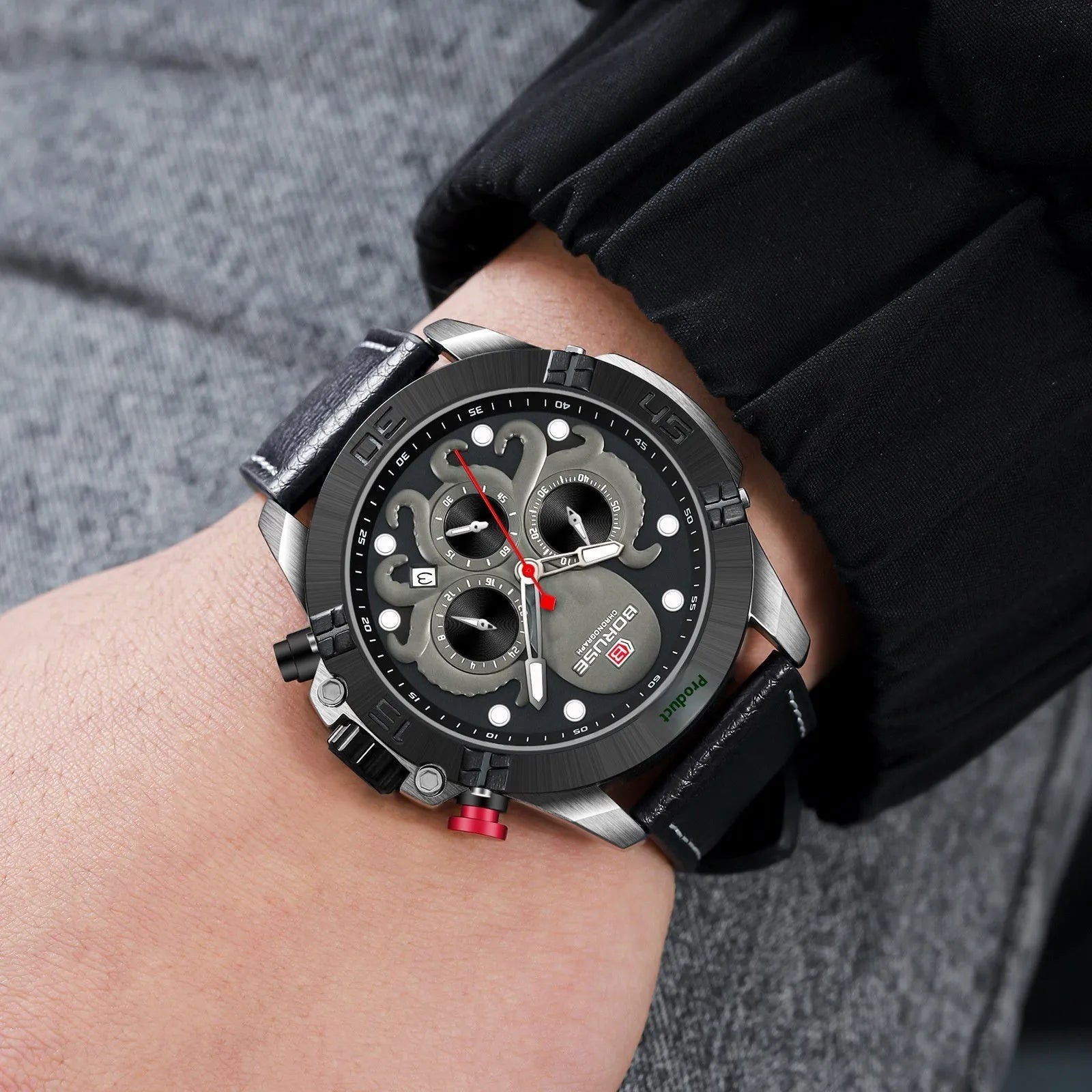 Octopus men's waterproof luminous quartz watch with 13mm thick case in blue and black colour options