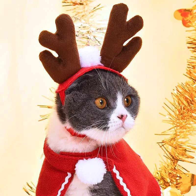 Red polyester pet Christmas suit with hat and cloak for cats and dogs, woven plain weave, embossing, sizes S M L