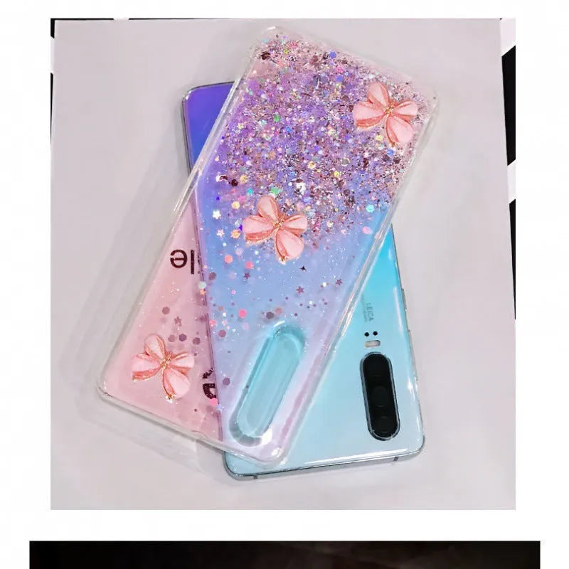 Glitter epoxy butterfly silicone phone case for Samsung with flash three butterflies design in pink