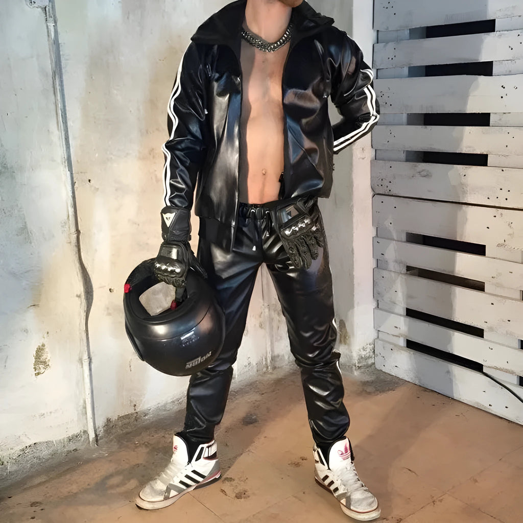 Men's black hooded sports set with PU leather jacket and trousers for autumn athletic activities