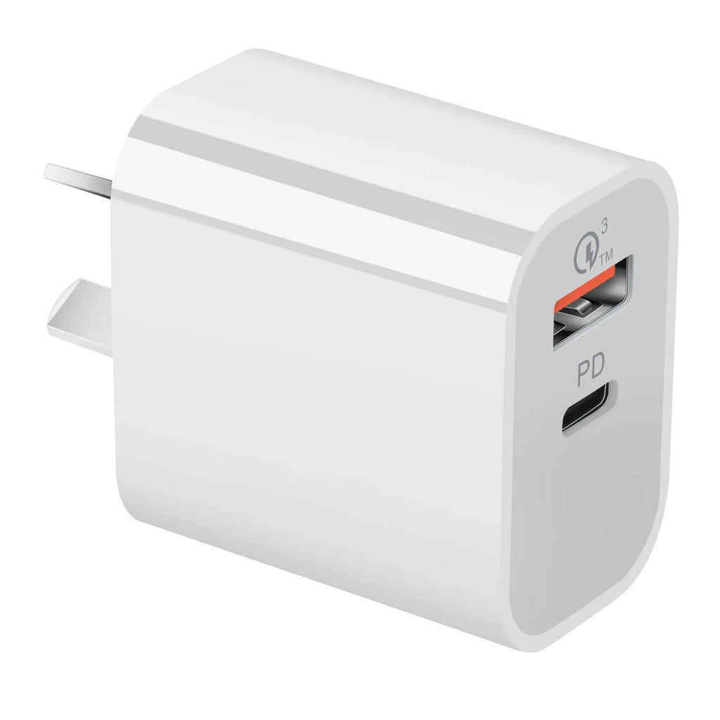 White Australian dual-port USB charger with USB-A and USB-C ports showing Australian plug