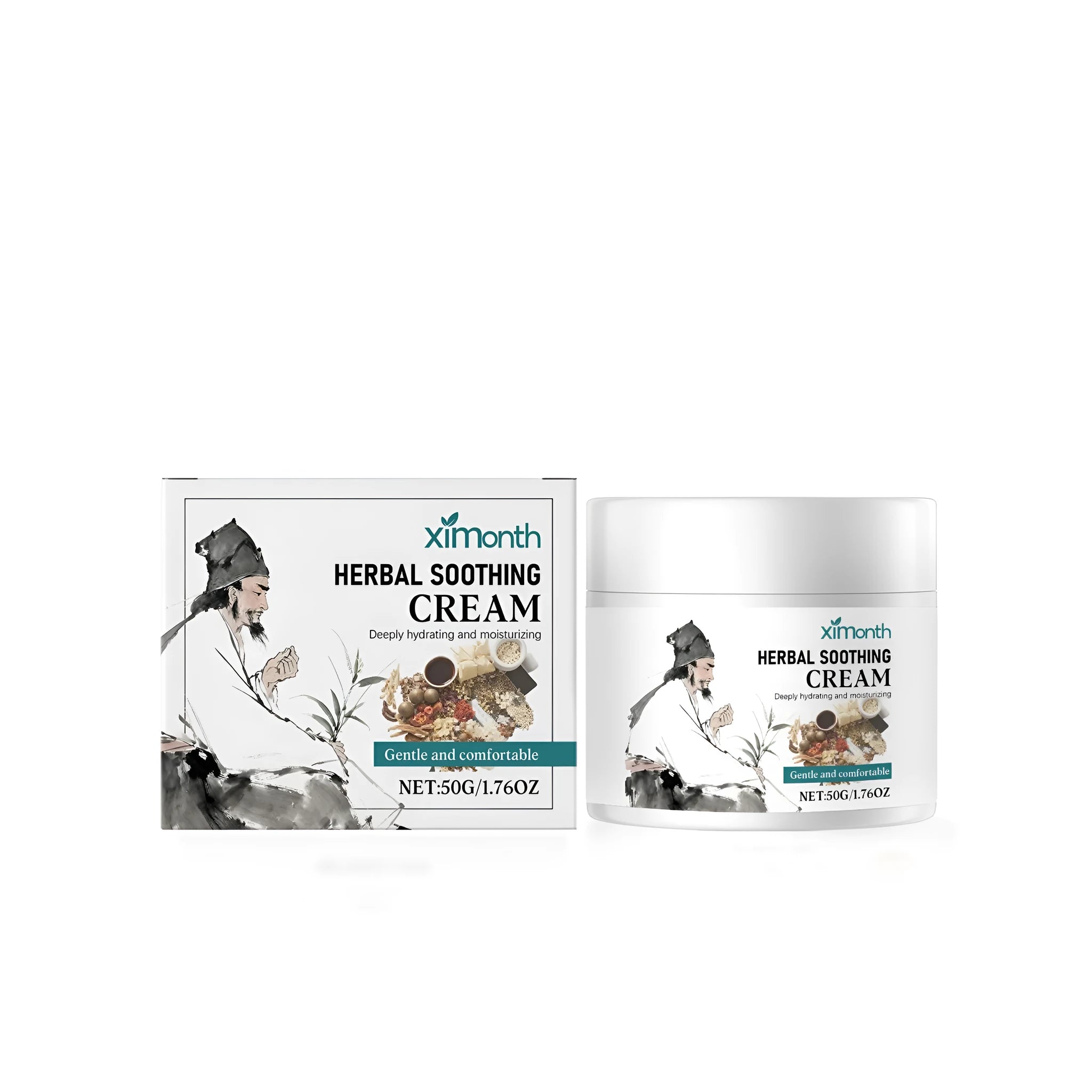 50g jar of herbal soothing cream with ginseng and mint extracts on a white surface