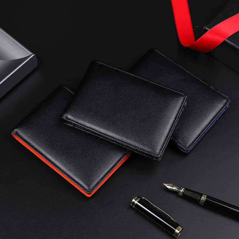 Multiple card slots RFID anti-theft credit card wallet in contrast colour blue, black, and orange genuine leather European American retro style