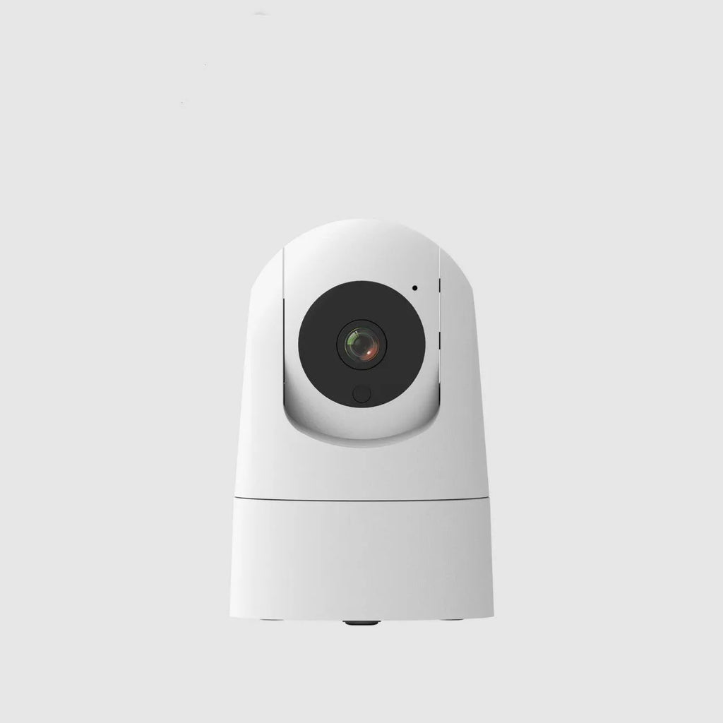 White indoor PTZ security camera on a stand with 360-degree rotation and two-way audio microphone.