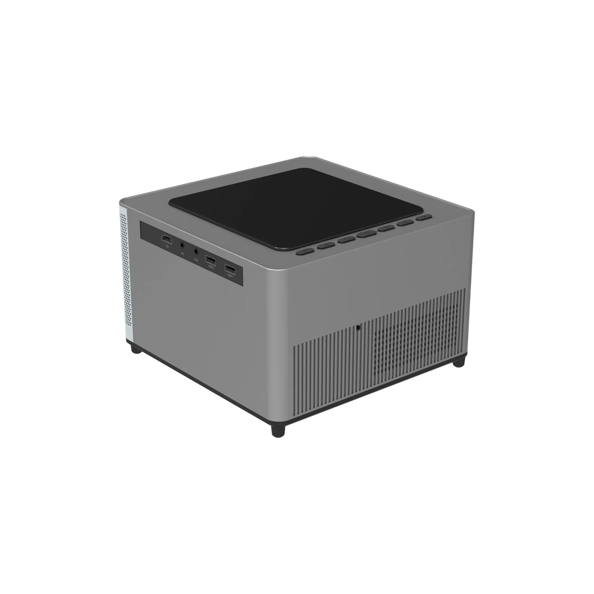 Mini portable projector with 400 ANSI brightness and 200-inch projection on a white wall in a dim room