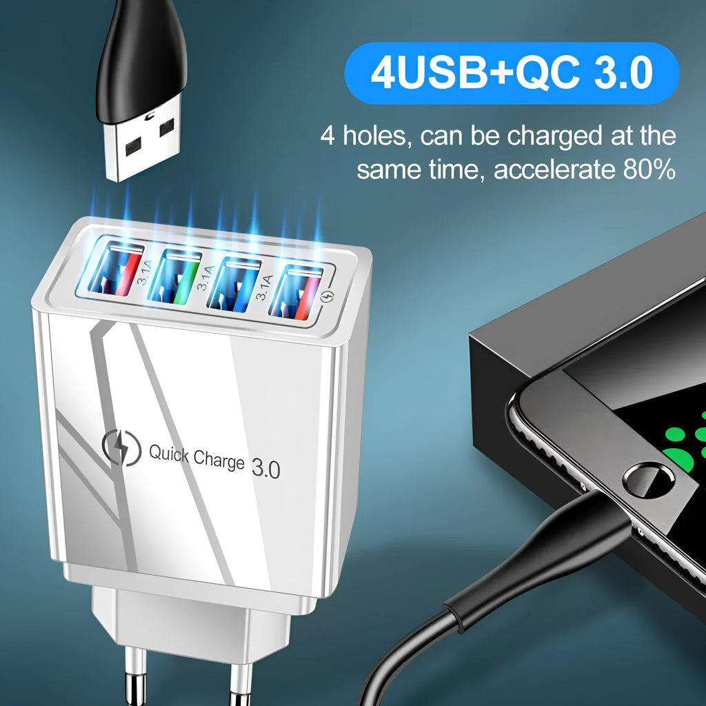 Four-port USB wall charger with UK three-pin plug in black and white colour scheme