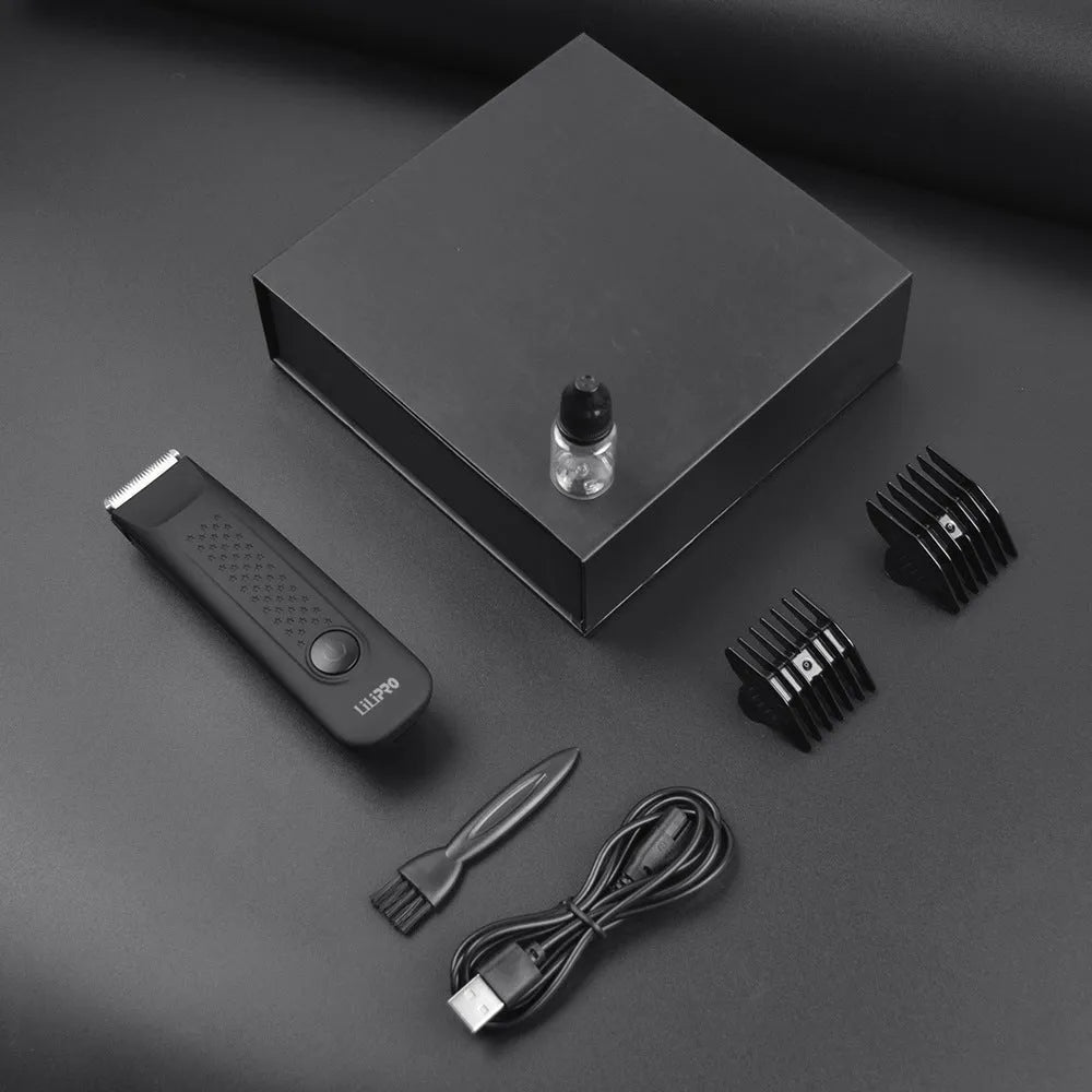 Men's black full-body waterproof electric shaver with ceramic blade and comb attachments
