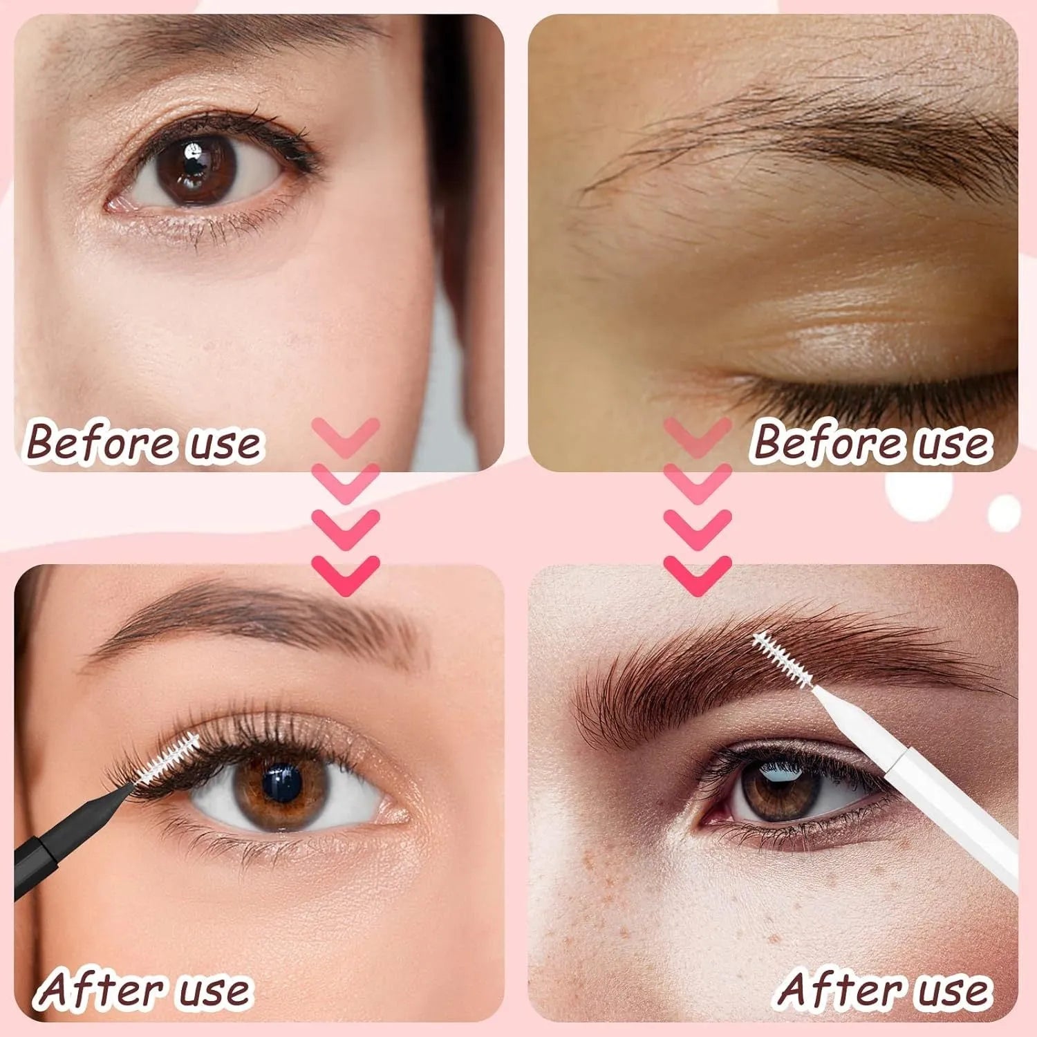 Set of micro eyebrow and eyelash brushes with protective caps in various colours on a white background.
