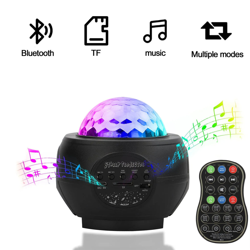 Mini laser light planet starry sky projection lamp with LED and laser sources, USB powered, black colour, showing star field effect