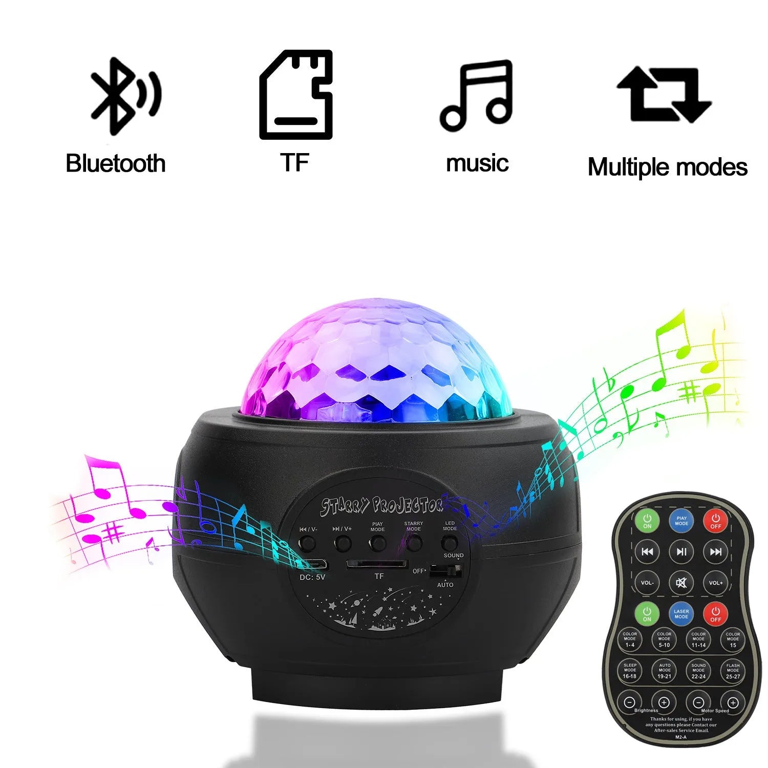 Mini laser light planet starry sky projection lamp with LED and laser sources, USB powered, black colour, showing star field effect