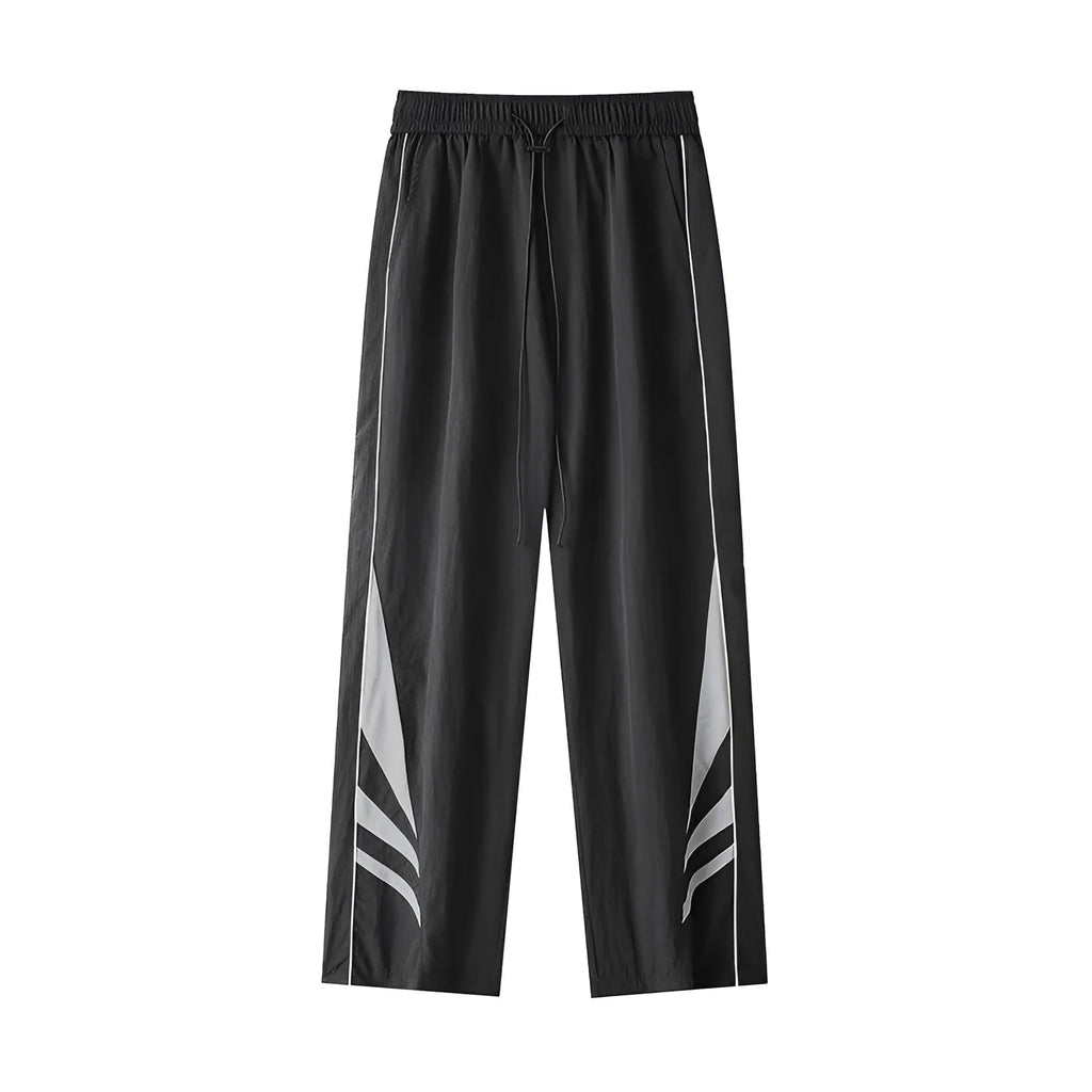 Men's straight-leg black casual sports trousers with a button fly and elastic mid-waist.