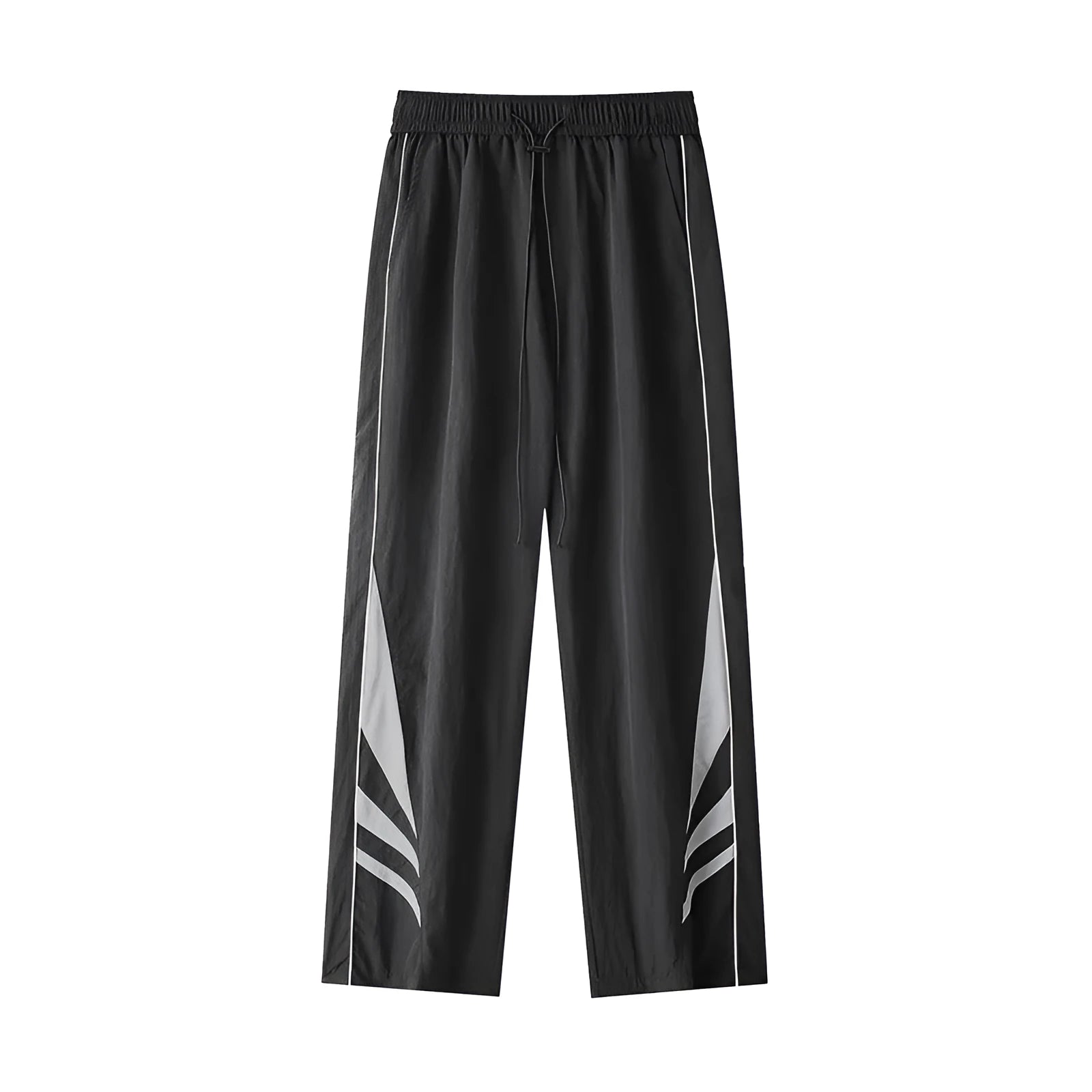 Men's straight-leg black casual sports trousers with a button fly and elastic mid-waist.