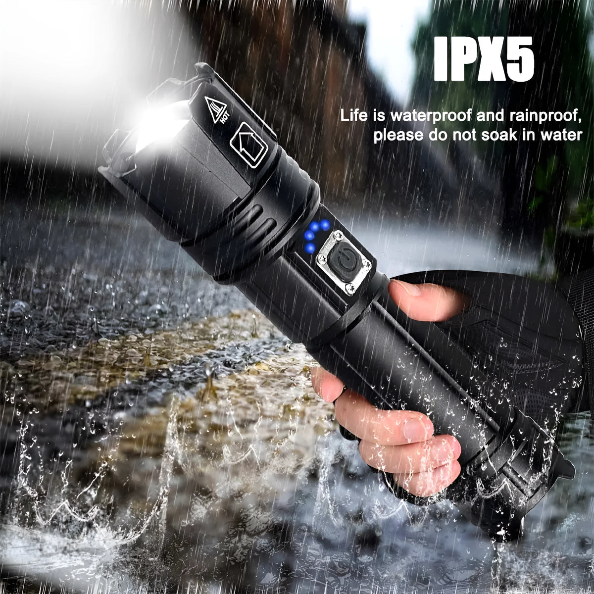 Telescopic zoom USB rechargeable LED flashlight in aluminium alloy, 16.3cm to 17.8cm, with USB cable and battery options