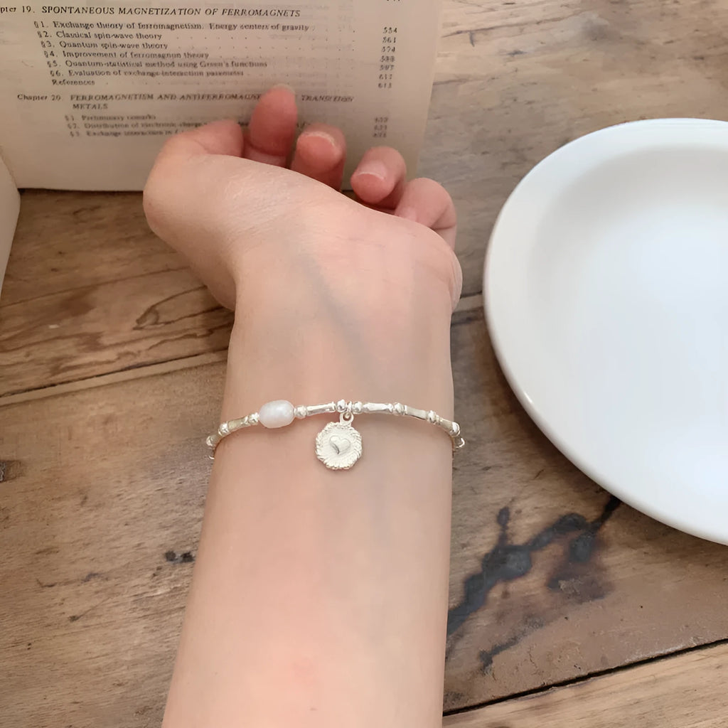 925 sterling silver heart bracelet for women with French retro bamboo joint design in silver colour