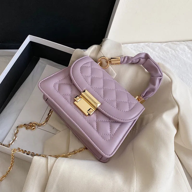 Women's purple PU small square messenger bag with rhombus pattern and 112cm shoulder strap