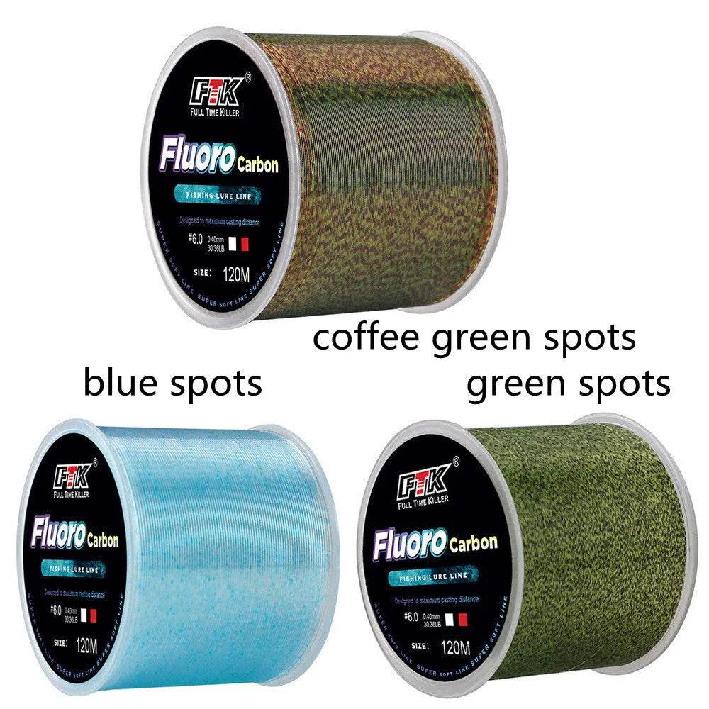 120m multicolor nylon fishing line spool in line numbers 0.8 to 8.0, available in solid and spot colours.