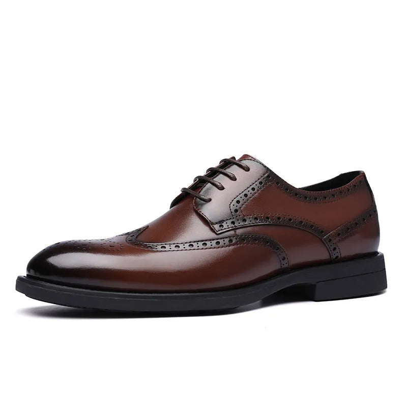 Men's black brogue leather shoes with traditional wingtip design and perforated patterns