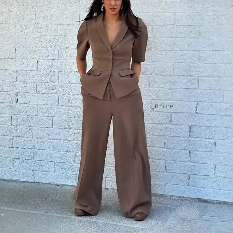 Brown men's two-piece suit with slim-fit waist design showing top and trousers