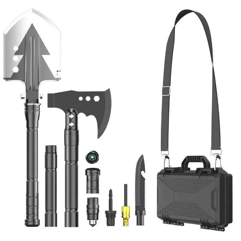 Black multi-functional military shovel and axe set with knife, laid out with its carry case.