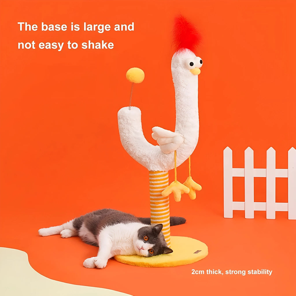 Yellow sisal rope cat scratching post with U-shaped design, spring ball, and solid wood base