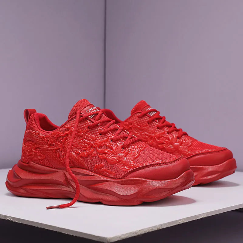 Fly knit casual sneakers in Chinese dragon colourway with micro fibre uppers and rubber soles